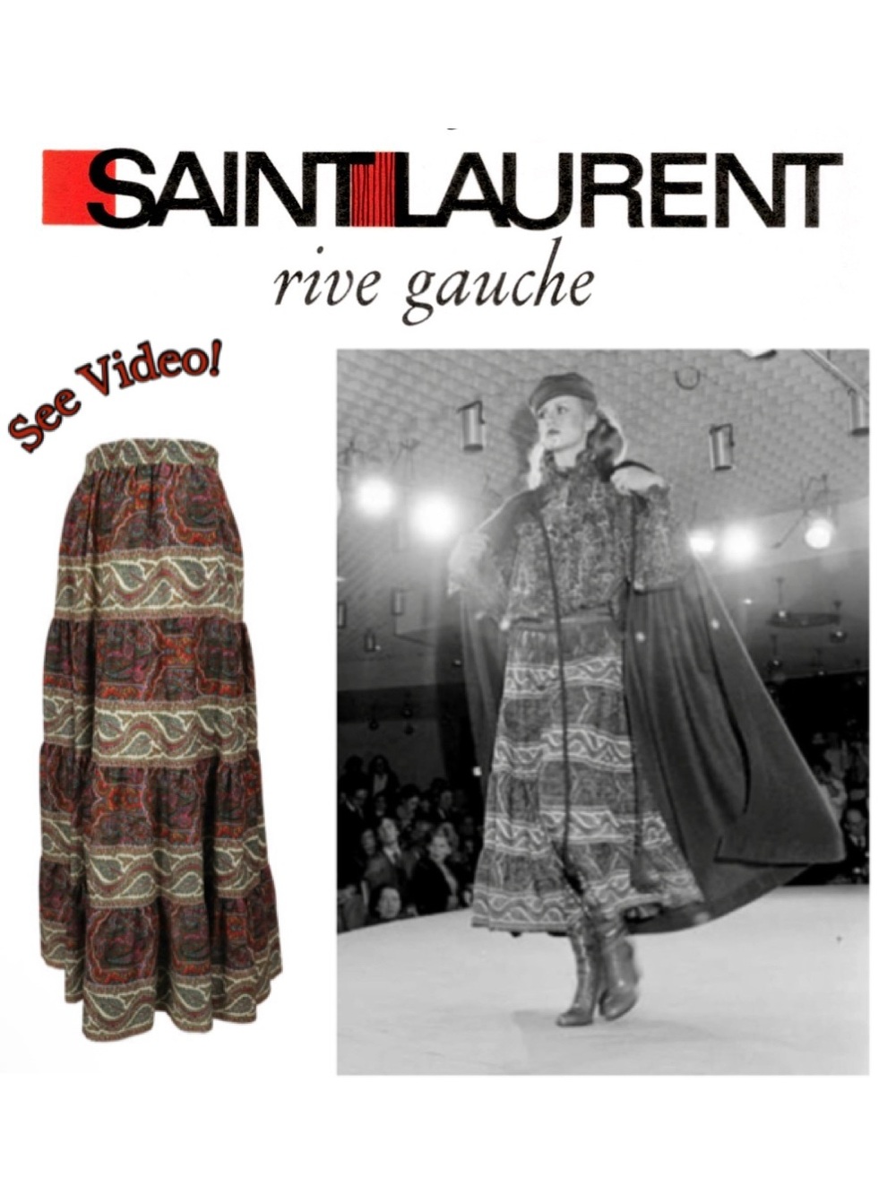 🍷🇫🇷 YSL Saint Laurent Runway Rive Gauche Peasant Skirt Vintage 1977 w/ COA 🇫🇷